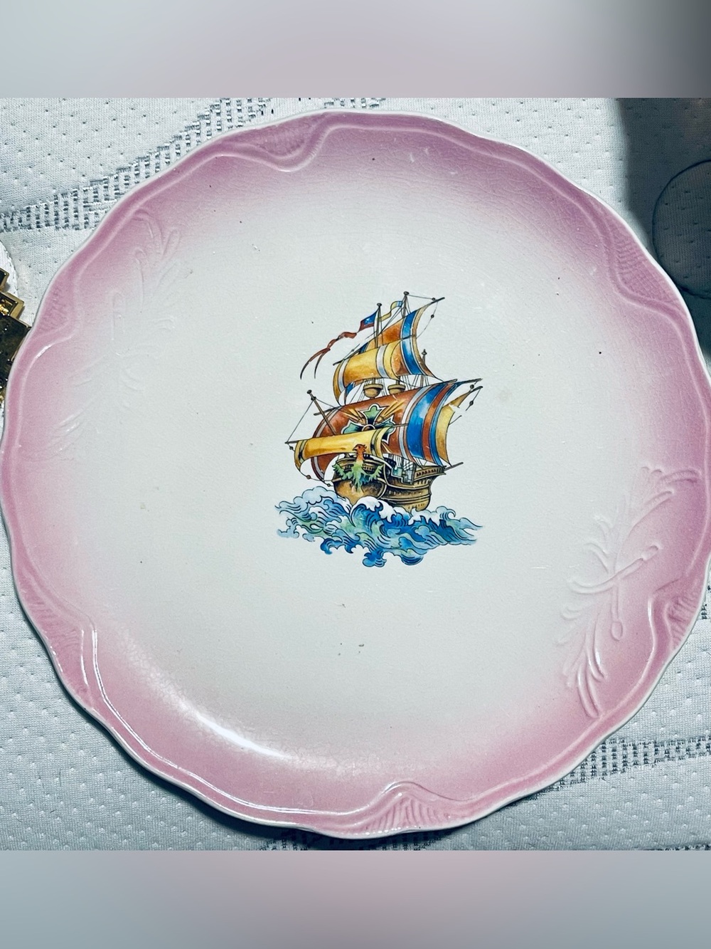 Antique 1920s C.C. Thompson Chatham 10" Chop Plate Platter Pink Opal Glaze Ship